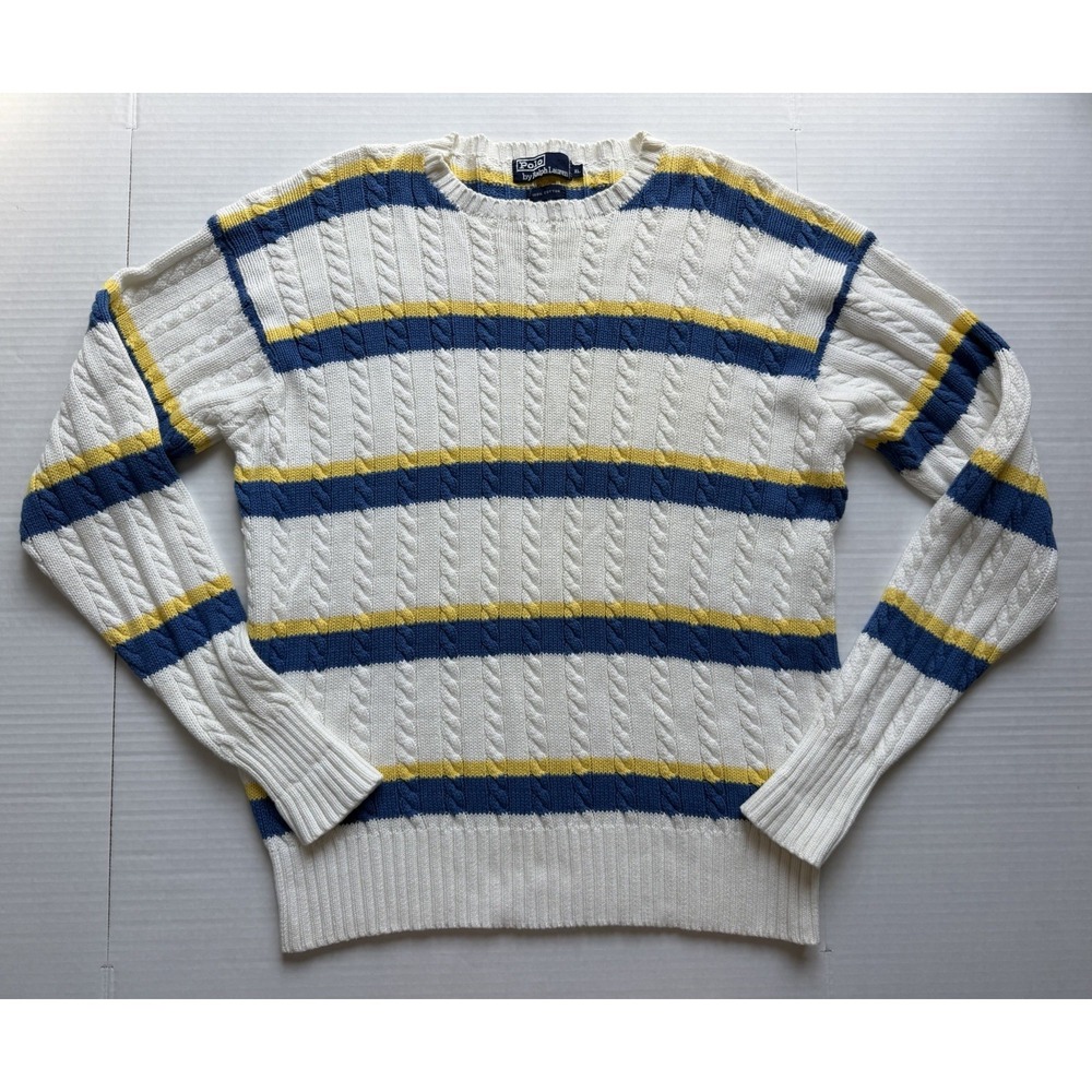 Vintage Polo Ralph Lauren Cableknit Sweater Crewneck Men's XL Striped Cotton